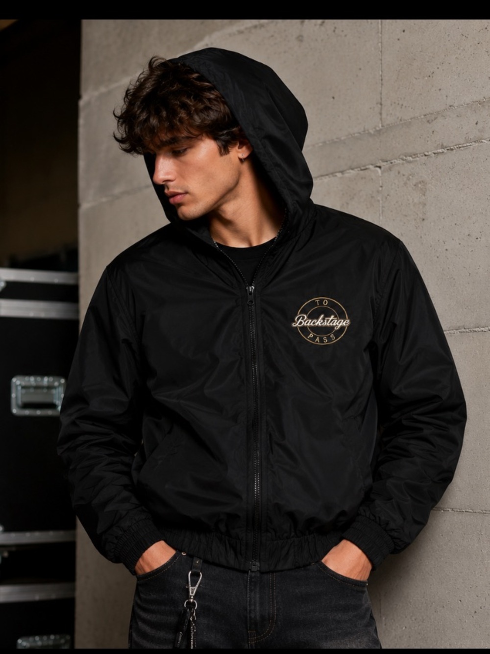 Forever 21 Black Hooded Bomber Jacket with Backstage Patch
